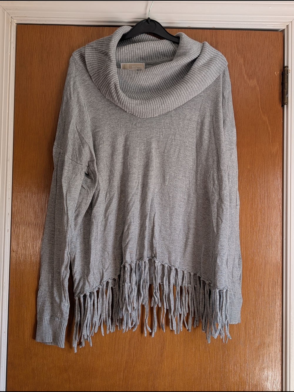 Michael Kors Light Gray Cowl Neck Fringe Hem Sweater Boho